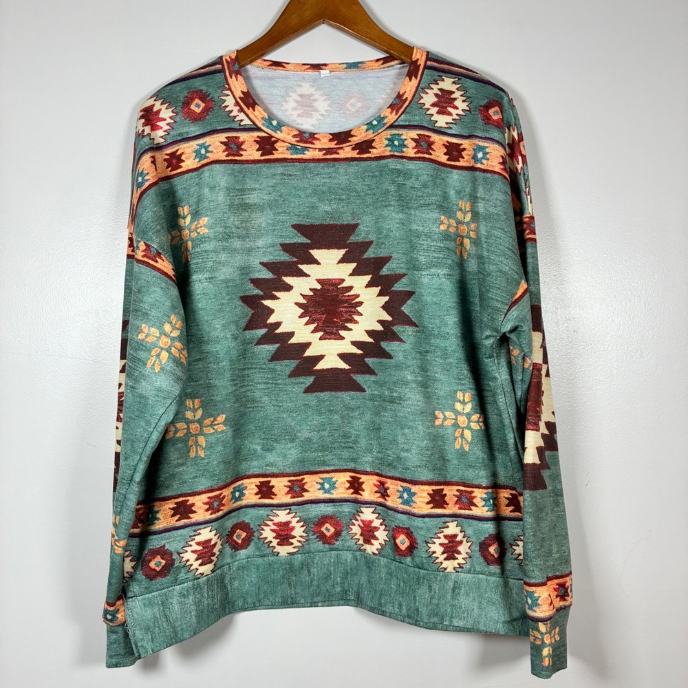 Sweatshirt 2XL Teal Southwestern Tribal Print Crew Neck Relaxed Boho Cowgirl